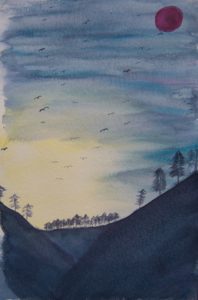 Vögel und Fledermäuse im Licht der untergehenden Sonne. Ein roter Mond steht am Himmelszelt.