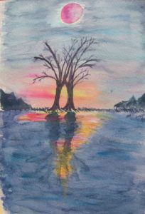 Sonnenuntergang spiegelt sich im Wasser. Im Vordergrund zwei Bäume.
